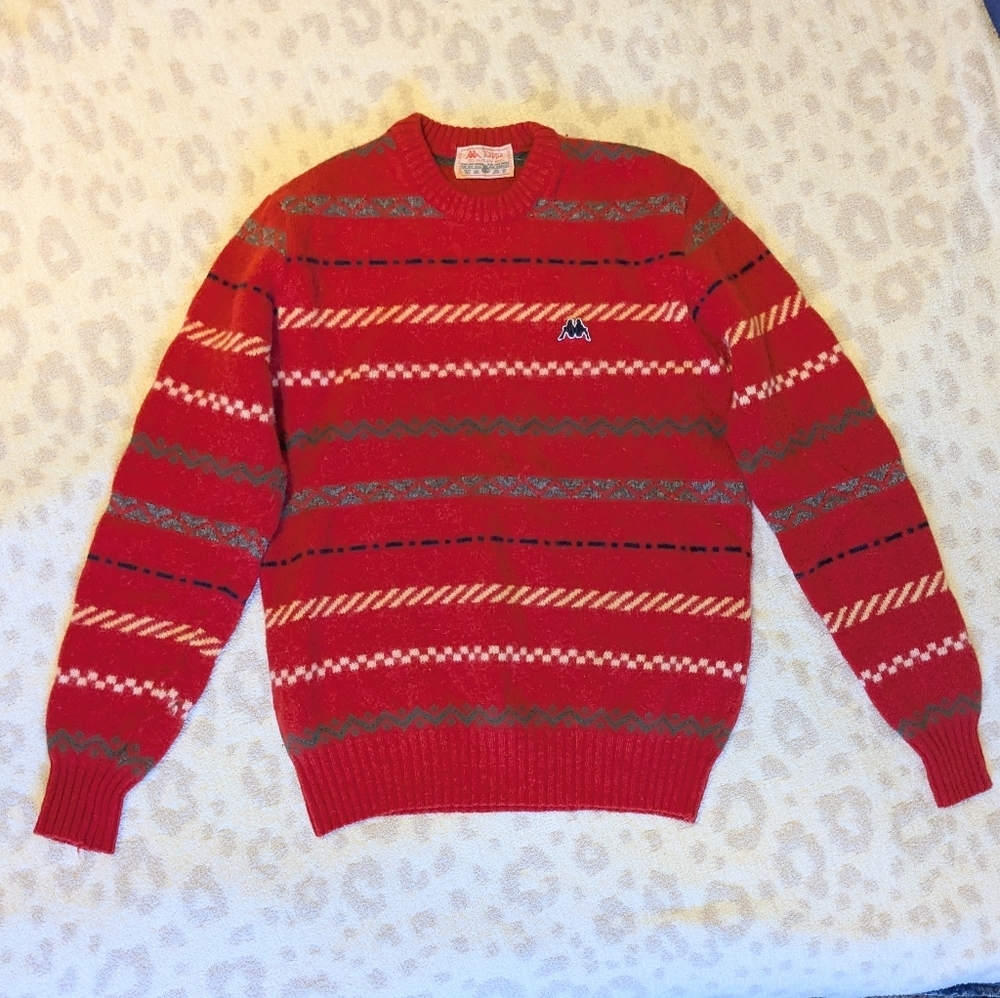 Kappa Vintage Italian Shetland Wool Striped Red Crewneck Sweater Small Medium